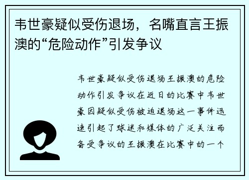 韦世豪疑似受伤退场，名嘴直言王振澳的“危险动作”引发争议