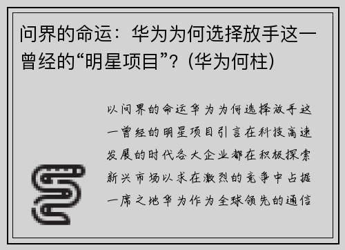 问界的命运：华为为何选择放手这一曾经的“明星项目”？(华为何柱)