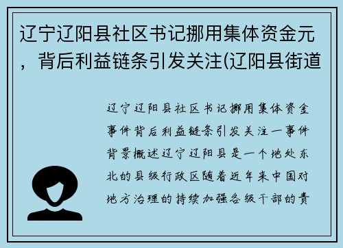 辽宁辽阳县社区书记挪用集体资金元，背后利益链条引发关注(辽阳县街道)