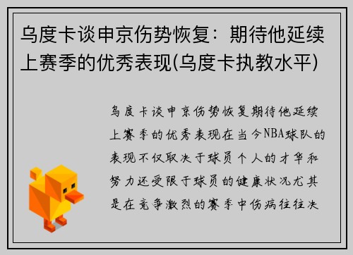 乌度卡谈申京伤势恢复：期待他延续上赛季的优秀表现(乌度卡执教水平)