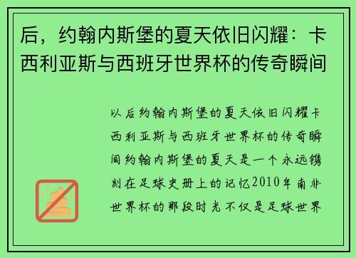 后，约翰内斯堡的夏天依旧闪耀：卡西利亚斯与西班牙世界杯的传奇瞬间