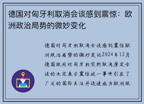 德国对匈牙利取消会谈感到震惊：欧洲政治局势的微妙变化