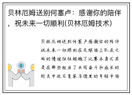 贝林厄姆送别何塞卢：感谢你的陪伴，祝未来一切顺利(贝林厄姆技术)